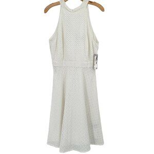 Tahari white eyelet Sleeveless Dress Womens Size 10 cotton mock neck tie new